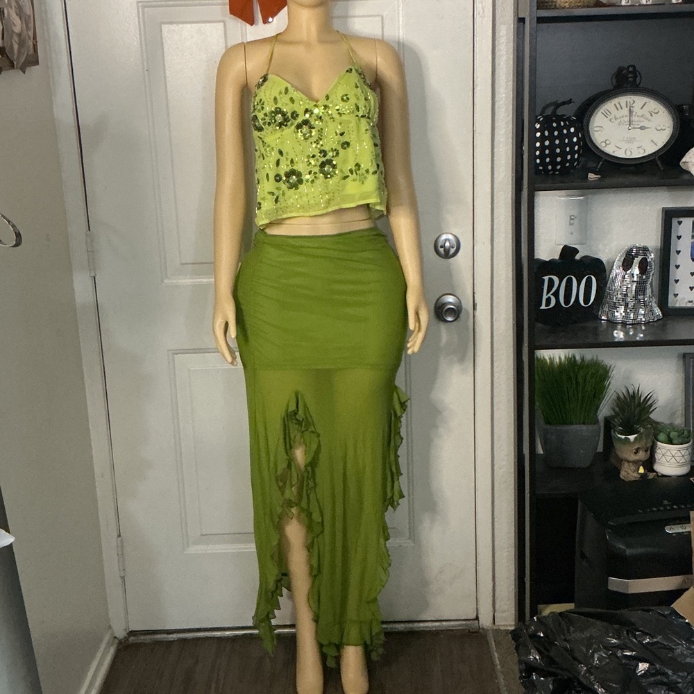 Green Ruffled High-Low Maxi Skirt  and top- Women's